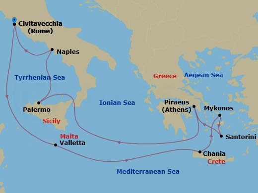Route map: Rome (Civitavecchia), Italy → Valletta, Malta → Chania (Souda),Crete, Greece → Mykonos, Greece → Santorini, Greece → Athens (Piraeus), Greece → Sicily (Palermo),Italy → Naples, Italy → Rome (Civitavecchia), Italy