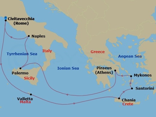 Route map: Rome (Civitavecchia), Italy → Valletta, Malta → Chania (Souda),Crete, Greece → Santorini, Greece → Mykonos, Greece → Athens (Piraeus), Greece → Sicily (Palermo),Italy → Naples, Italy → Rome (Civitavecchia), Italy