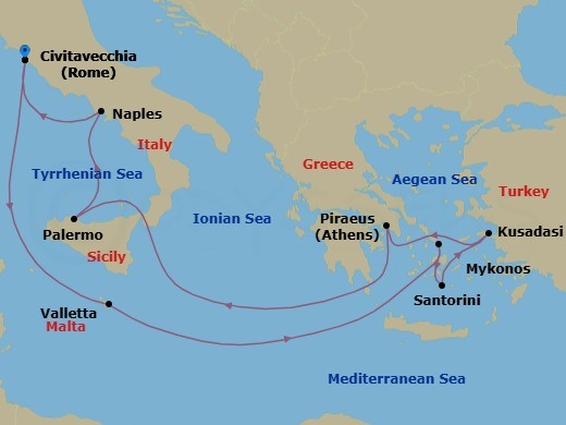 Route map: Rome (Civitavecchia), Italy → Valletta, Malta → Mykonos, Greece → Santorini, Greece → Ephesus (Kusadasi), Turkey → Athens (Piraeus), Greece → Sicily (Palermo),Italy → Naples, Italy → Rome (Civitavecchia), Italy