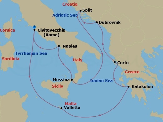 Route map: Rome (Civitavecchia), Italy → Valletta, Malta → Olympia (Katakolon), Greece → Corfu, Greece → Dubrovnik, Croatia → Split, Croatia → Sicily (Messina), Italy → Naples, Italy → Rome (Civitavecchia), Italy