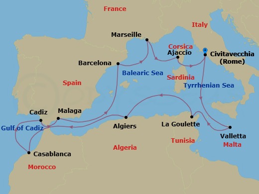 Route map: Rome (Civitavecchia) → Valletta → Tunis (La Goulette) → Algiers → Casablanca → Seville (Cadiz) → Granada (Malaga) → Barcelona → Marseille → Corsica (Ajaccio)