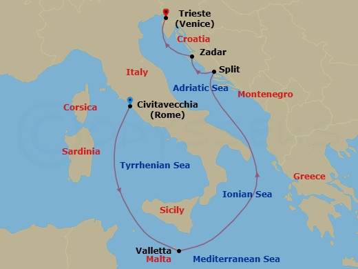 Route map: Civitavecchia (tours to Rome),Italy → Valletta, Malta → Split, Croatia → Zadar, Croatia → Trieste, Italy