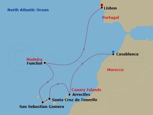 Route map: Casablanca → Arrecife (Lanzarote) → Santa Cruz De Tenerife → San Sebastian De La Gomera → Funchal (Madeira) → Lisbon