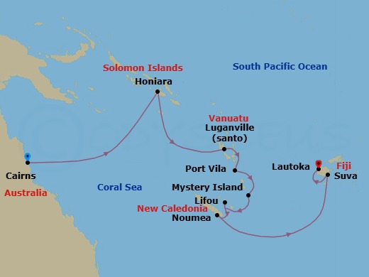 Route map: Cairns → Honiara → Luganville → Port Vila → Mystery Island → Lifou Island → Noumea → Suva → Lautoka