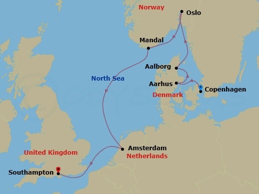 Route map: Copenhagen → Aarhus → Seydisfjodur → Oslo → Rosendal → Amsterdam → Southampton