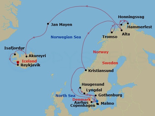Route map: Copenhagen → Aarhus → Gothenburg → Lyngdal → Haugesund → Maloy → Kristiansund → Tromso → Hammerfest → Honningsvag (Nord Cape)