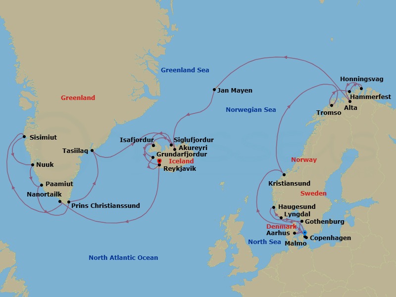 Route map: Copenhagen → Aarhus → Gothenburg → Lyngdal → Haugesund → Maloy → Kristiansund → Tromso → Hammerfest → Honningsvag (Nord Cape)