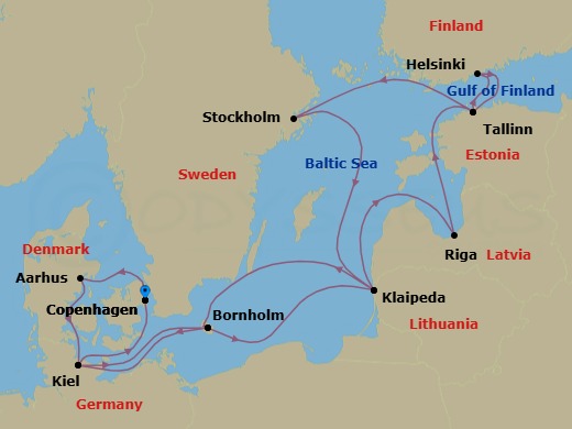Route map: Copenhagen, Denmark → Aarhus, Denmark → Kiel (Hamburg), Germany → Bornholm, Denmark → Klaipeda, Lithuania → Riga, Latvia → Tallinn, Estonia → Helsinki, Finland → Tallinn, Estonia → Stockholm, Sweden