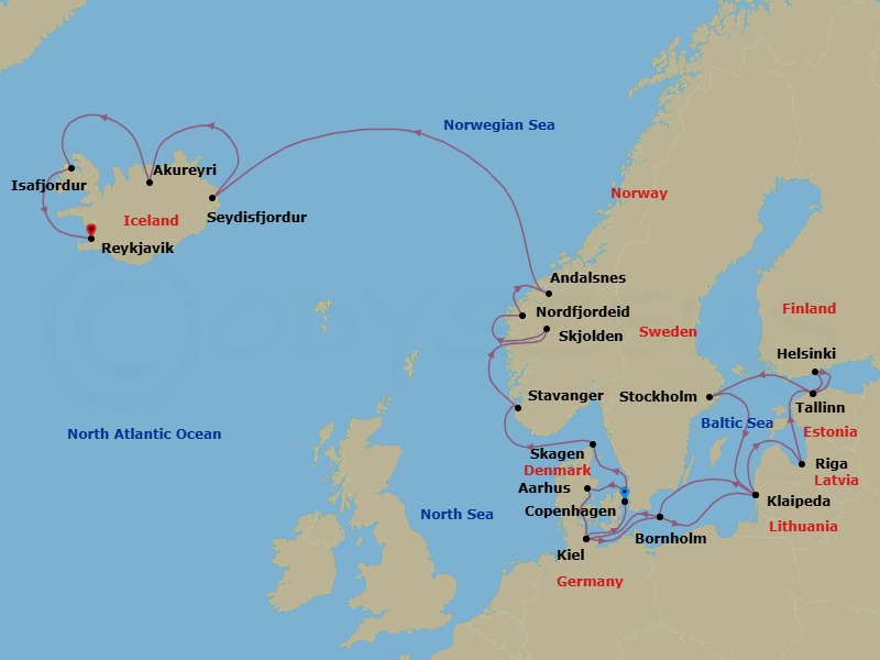 Route map: Copenhagen, Denmark → Aarhus, Denmark → Kiel (Hamburg), Germany → Bornholm, Denmark → Klaipeda, Lithuania → Riga, Latvia → Tallinn, Estonia → Helsinki, Finland → Tallinn, Estonia → Stockholm, Sweden