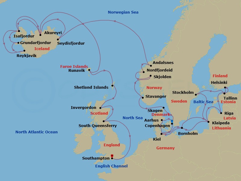 Route map: Copenhagen, Denmark → Aarhus, Denmark → Kiel (Hamburg), Germany → Bornholm, Denmark → Klaipeda, Lithuania → Riga, Latvia → Tallinn, Estonia → Helsinki, Finland → Tallinn, Estonia → Stockholm, Sweden