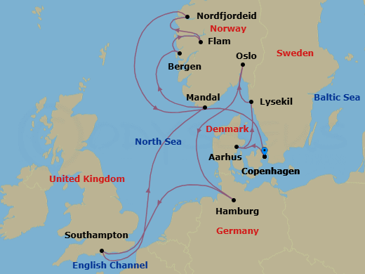 Route map: Copenhagen → Aarhus → Lysekil(Gotaland) → Oslo → Hamburg → Southampton → Mandal → Bergen → Flam → Nordfjordeid