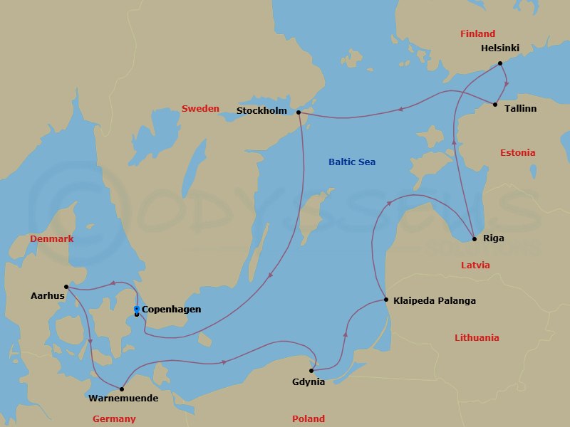 Route map: Copenhagen Denmark → Aarhus Denmark → Warnemunde (Berlin) Germany → Gdynia (Gdansk-Danzig) Poland → Klaipeda Lithuania → Riga Latvia → Helsinki Finland → Tallin Estonia → Stockholm Sweden → Copenhagen Denmark