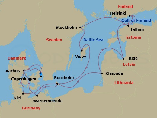 Route map: Copenhagen, Denmark → Aarhus, Denmark → Warnemunde (for Berlin), Germany → Bornholm, Denmark → Klaipeda, Lithuania → Riga, Latvia → Tallinn, Estonia → Helsinki, Finland → Tallinn, Estonia → Stockholm, Sweden