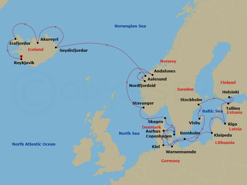 Route map: Copenhagen, Denmark → Aarhus, Denmark → Warnemunde (for Berlin), Germany → Bornholm, Denmark → Klaipeda, Lithuania → Riga, Latvia → Tallinn, Estonia → Helsinki, Finland → Tallinn, Estonia → Stockholm, Sweden