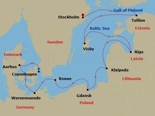 Route map: Copenhagen → Aarhus → Berlin (Warnemunde) → Ronne (Bornholm) → Gdansk (Gdynia) → Klaipeda → Riga → Visby → Tallinn → Stockholm