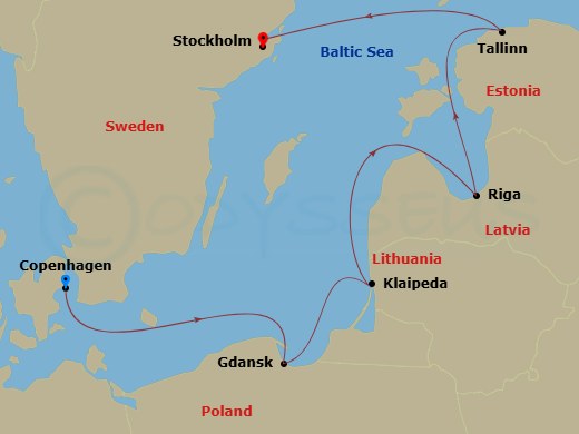 Route map: Copenhagen → Gdansk → Klaipeda → Riga → Tallinn → Stockholm