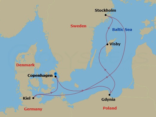 Route map: Copenhagen → Gdynia (Gdansk) → Visby (Gotland) → Stockolm → Kiel → Copenhagen