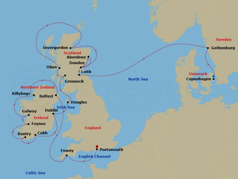 Route map: Copenhagen → Gothenburg → Leith (Edinburgh), Scotland → Dundee, Scotland → Aberdeen, Scotland → Dundee, Scotland → Invergordon, Scotland → Oban, Scotland → Glasgow (Greenock), Scotland → Douglas