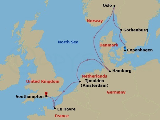 Route map: Copenhagen, Denmark → Gothenburg, Sweden → Oslo, Norway → Hamburg, Germany → Amsterdam  Ijmuiden, Netherlands → Le Havre  Paris, France → London (Southampton), England, Great Britain