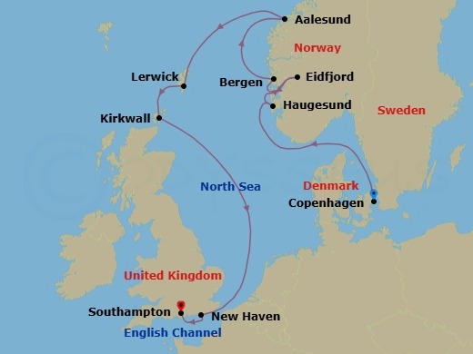 Route map: Copenhagen → Haugesund → Eidfjord → Bergen → Alesund → Lerwick (Shetland Islands) → Kirkwall (Orkney Islands) → Edinburgh (Newhaven) → London (Southampton)