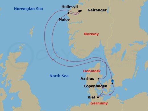 Route map: Copenhagen → Hellesylt → Geiranger → Maloy → Aarhus → Kiel → Copenhagen