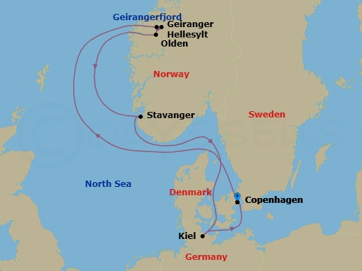 Route map: Copenhagen (Denmark) → Hellesylt (Norway) → Geiranger Fjord → Geiranger (Norway) → Olden (Norway) → Stavanger (Norway) → Kiel (Germany) → Copenhagen (Denmark)