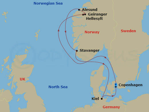 Route map: Copenhagen → Hellesylt → Geiranger → Alesund → Stavanger → Kiel → Copenhagen