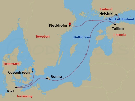 Route map: Copenhagen → Kiel → Ronne → Tallinn → Helsinki → Stockholm
