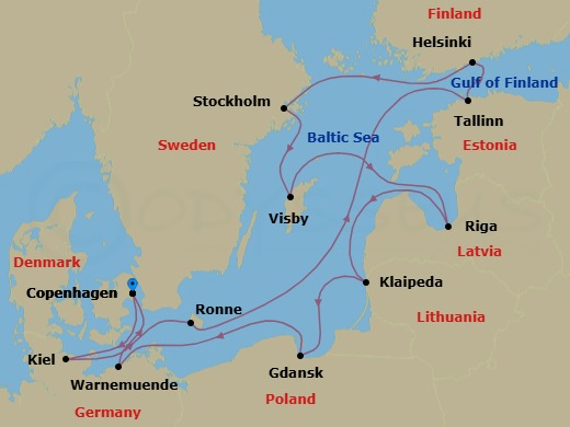 Route map: Copenhagen → Kiel → Ronne → Tallinn → Helsinki → Stockholm → Visby (Gotland) → Riga → Klaipeda → Gdansk (Gdynia)