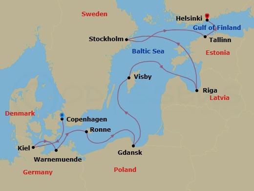 Route map: Copenhagen → Kiel → Berlin (Warnemunde) → Ronne (Bornholm) → Gdansk → Visby → Riga → Stockholm → Tallinn → Helsinki
