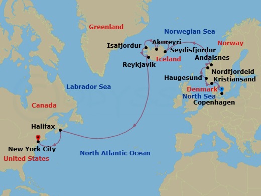 Route map: Copenhagen, Denmark → Kristiansand, Norway → Haugesund, Norway → Nordfjordeid, Norway → Andalsnes, Norway → Seydisfjordur, Iceland → Akureyri, Iceland → Isafjordur, Iceland → Reykjavik, Iceland → Halifax, Canada