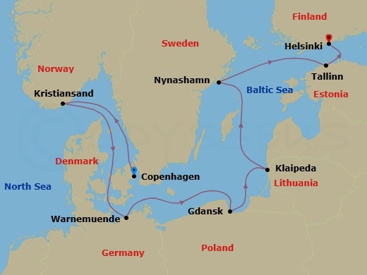 Route map: Copenhagen, Denmark → Kristiansand, Norway → Warnemunde  Berlin, Germany → Gdynia  Gdansk, Poland → Klaipeda, Lithuania → Nynashamn  Stockholm, Sweden → Tallinn, Estonia → Helsinki, Finland