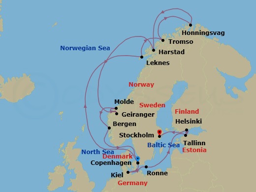Route map: Copenhagen → Leknes (Lofoten Islands) → Tromso → Honningsvag (Nordkapp) → Harstad → Geiranger → Molde → Bergen → Copenhagen → Kiel
