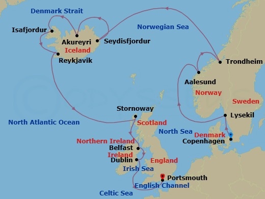 Route map: Copenhagen → Lysekil → Alesund → Trondheim → Seydisfjordur → Akureyri → Isafjordur → Reykjavik → Lewis & Harris Island → Belfast