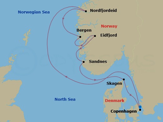 Route map: Copenhagen → Nordfjordeid → Bergen → Eidfjord → Sandnes → Skagen → Copenhagen