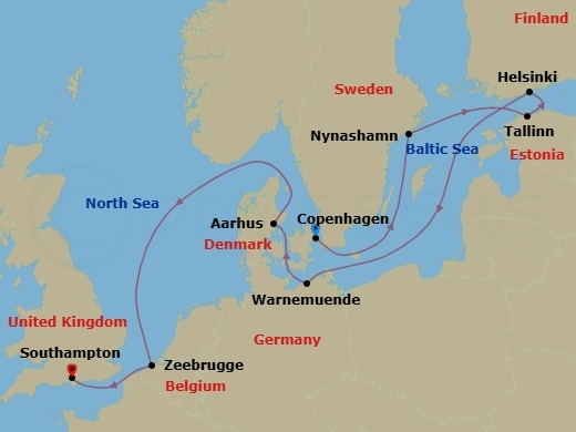 Route map: Copenhagen, Denmark → Nynashamn  Stockholm, Sweden → Tallinn, Estonia → Helsinki, Finland → Warnemunde  Berlin, Germany → Aarhus, Denmark → Zeebrugge  Brussels Brugge, Belgium → London (Southampton), England, Great Britain