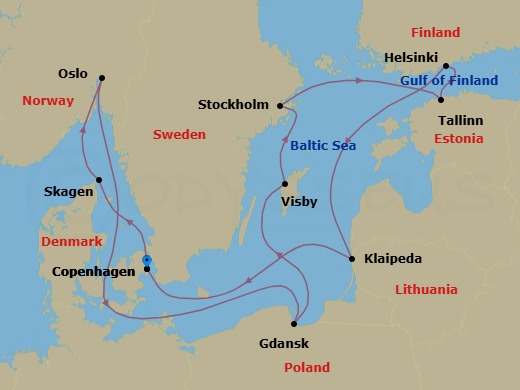 Route map: Copenhagen, Denmark → Skagen, Denmark → Oslo, Norway → Gdansk (Gdynia), Poland → Visby, Sweden → Stockholm, Sweden → Tallinn, Estonia → Helsinki, Finland → Klaipeda, Lithuania → Copenhagen, Denmark