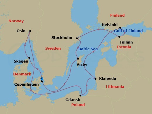 Route map: Copenhagen, Denmark → Skagen, Denmark → Oslo, Norway → Gdansk (Gdynia), Poland → Klaipeda, Lithuania → Helsinki, Finland → Tallinn, Estonia → Stockholm, Sweden → Visby, Sweden → Copenhagen, Denmark