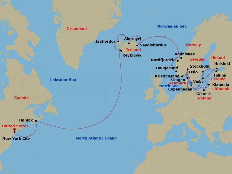 Route map: Copenhagen, Denmark → Skagen, Denmark → Oslo, Norway → Gdansk (Gdynia), Poland → Klaipeda, Lithuania → Helsinki, Finland → Tallinn, Estonia → Stockholm, Sweden → Visby, Sweden → Copenhagen, Denmark