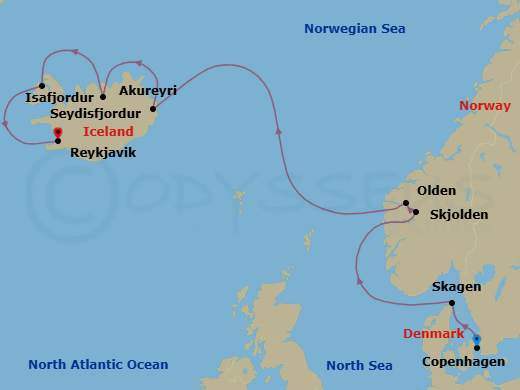 Route map: Copenhagen, Denmark → Skagen, Denmark → Skjolden/Sognefjord, Norway → Olden, Norway → Seydisfjordur, Iceland → Akureyri, Iceland → Isafjordur, Iceland → Reykjavik, Iceland