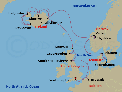 Route map: Copenhagen, Denmark → Skagen, Denmark → Skjolden/Sognefjord, Norway → Olden, Norway → Seydisfjordur, Iceland → Akureyri, Iceland → Isafjordur, Iceland → Reykjavik, Iceland → Isafjordur, Iceland → Akureyri, Iceland