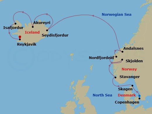 Route map: Copenhagen, Denmark → Skagen, Denmark → Stavanger, Norway → Skjolden/Sognefjord, Norway → Nordfjordeid, Norway → Andalsnes, Norway → Seydisfjordur, Iceland → Akureyri, Iceland → Isafjordur, Iceland → Reykjavik, Iceland