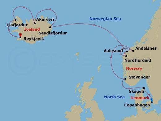 Route map: Copenhagen, Denmark → Skagen, Denmark → Stavanger, Norway → Andalsnes, Norway → Nordfjordeid, Norway → Alesund, Norway → Seydisfjordur, Iceland → Akureyri, Iceland → Isafjordur, Iceland → Reykjavik, Iceland