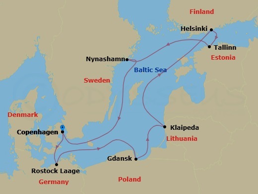 Route map: Copenhagen, Denmark → Berlin (Rostock), Germany → Gdynia  Gdansk, Poland → Klaipeda, Lithuania → Helsinki, Finland → Tallinn, Estonia → Nynashamn  Stockholm, Sweden → Copenhagen, Denmark