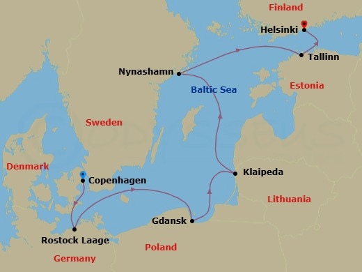 Route map: Copenhagen, Denmark → Berlin (Rostock), Germany → Gdynia  Gdansk, Poland → Klaipeda, Lithuania → Nynashamn  Stockholm, Sweden → Tallinn, Estonia → Helsinki, Finland