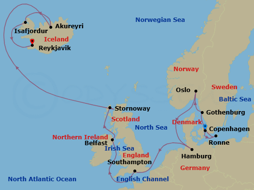 Route map: Copenhagen → Ronne → Goteborg → Oslo → Hamburg → Southampton → Belfast → Stornoway (Isle Of Lewis) → Akureyri → Isafjordur