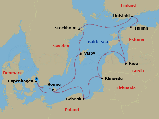 Route map: Copenhagen, Denmark → Ronne (Bornholm), Denmark → Visby, Gotland, Sweden → Stockholm, Sweden → Helsinki, Finland → Tallinn, Estonia → Riga, Latvia → Klaipeda, Lithuania → Gdansk, Poland → Copenhagen, Denmark