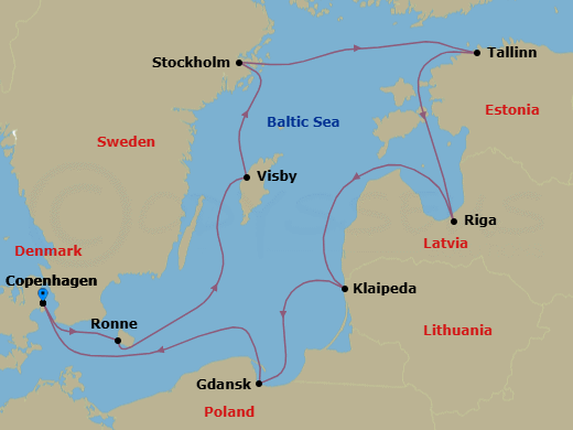 Route map: Copenhagen, Denmark → Ronne (Bornholm), Denmark → Visby, Gotland, Sweden → Stockholm, Sweden → Tallinn, Estonia → Riga, Latvia → Klaipeda, Lithuania → Gdansk, Poland → Copenhagen, Denmark