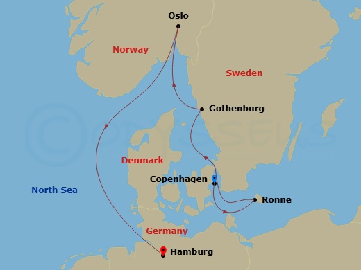 Route map: Copenhagen → Ronne → Goteborg → Oslo → Hamburg