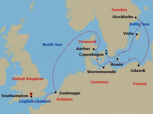 Route map: Copenhagen → Visby → Stockholm → Gdansk (Gdynia) → Ronne → Berlin (Warnemunde) → Aarhus → Bruges (Zeebrugge) → London (Southampton)